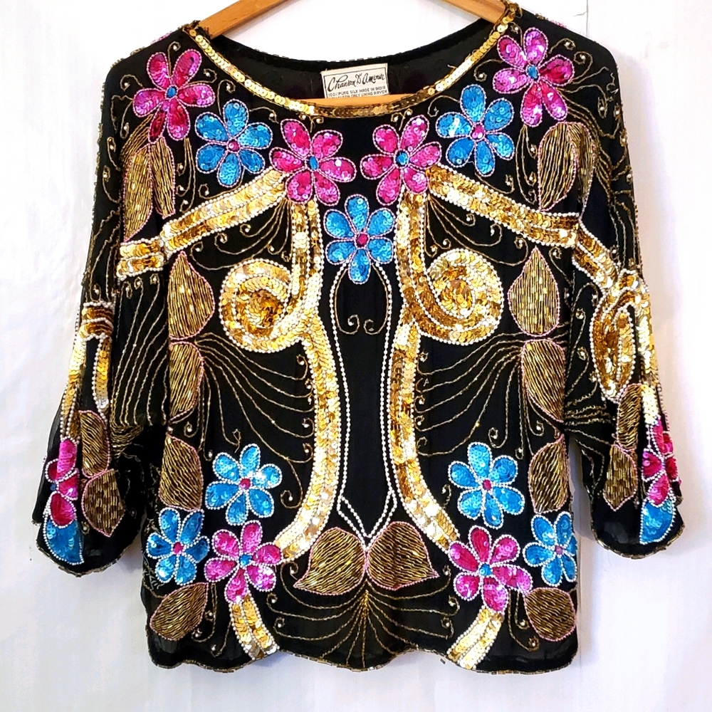 S Vintage Silk Black Beaded Gold Floral Dolman Shirt